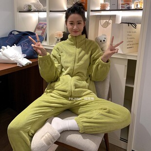 韩版秋冬季睡衣女加厚珊瑚绒法兰绒简约清新学生可外穿家居服套装