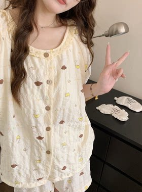 夏季短袖短裤薄款带胸垫睡衣女公主风甜美少女可外穿家居服套装