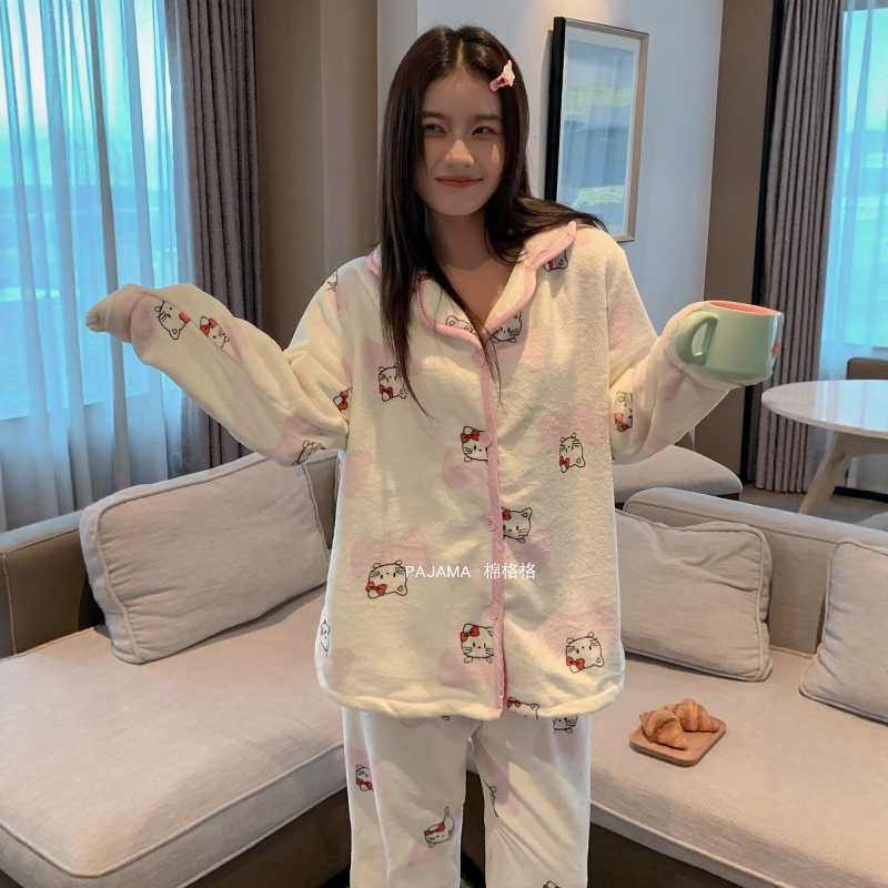睡衣女秋冬加厚珊瑚绒甜美可爱Hellokitty法兰绒家居服套装可外穿