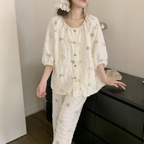 睡衣女夏季薄款五分袖短袖长裤开衫可爱卡通休闲宽松可外穿家居服