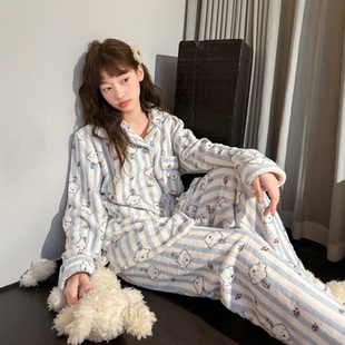 情侣秋冬季睡衣女加厚保暖珊瑚绒可爱小狗男款法兰绒可外穿家居服