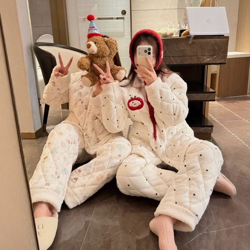 睡衣女冬季三层加厚加绒夹棉袄开衫保暖可外穿甜美可爱家居服套装