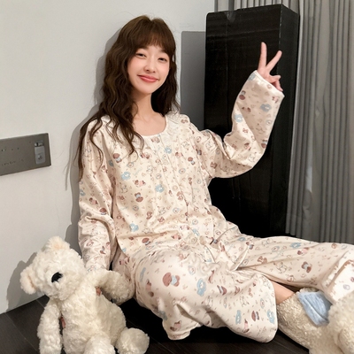 秋冬季睡衣女加厚保暖德绒带胸垫可爱卡通小狗长袖长裤家居服套装