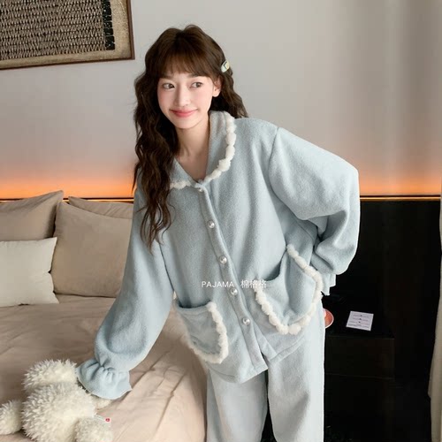 秋冬睡衣女加厚保暖珊瑚绒甜美可爱公主风可外穿法兰绒家居服套装