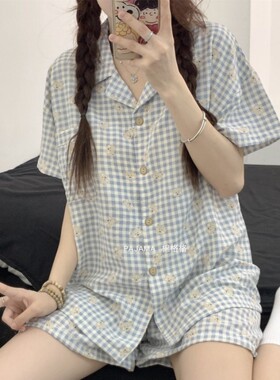 睡衣女款夏季云朵棉薄款带胸垫短袖短裤可爱卡通可外穿家居服套装