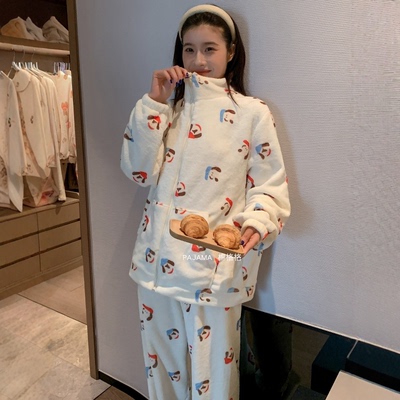 秋冬季加厚保暖睡衣女拉链珊瑚绒法兰绒甜美可爱家居服套装可外穿