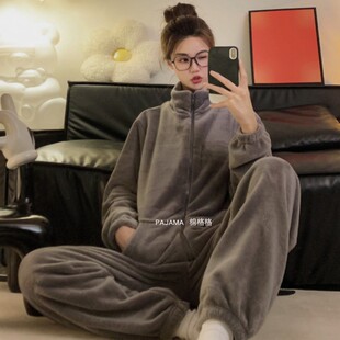 秋冬情侣睡衣加厚珊瑚绒保暖法兰绒拉链纯色男士可外穿家居服套装