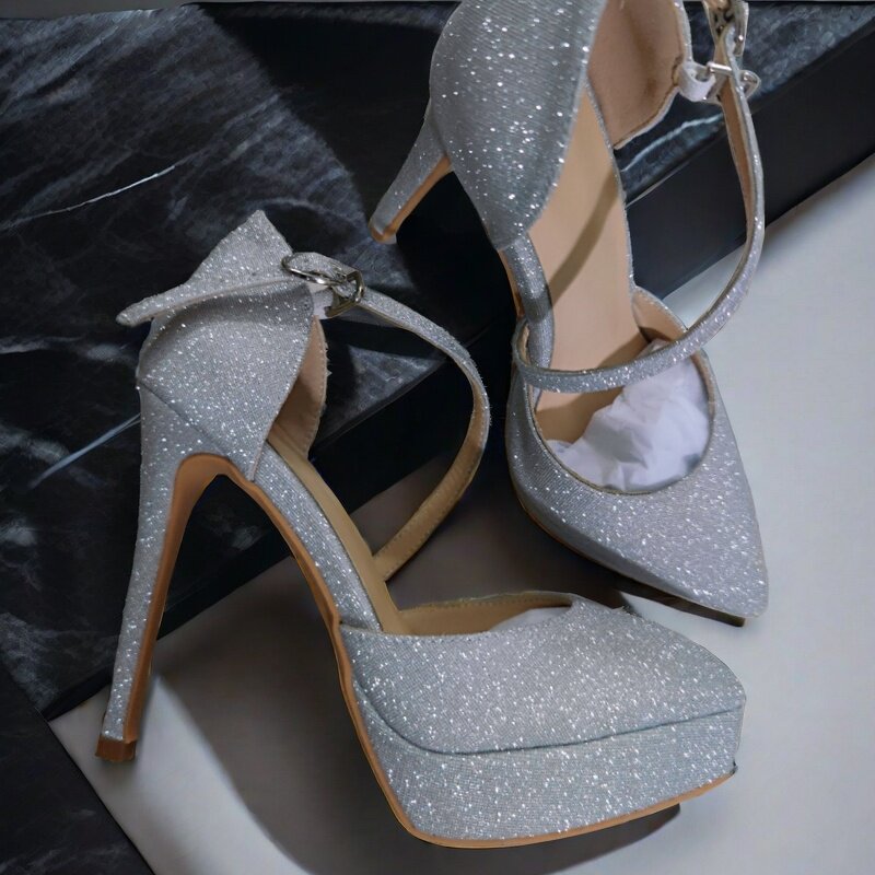 s带糖果色裸色粗跟凉鞋包头漆皮防水台尖头15CM主持高跟鞋女2025