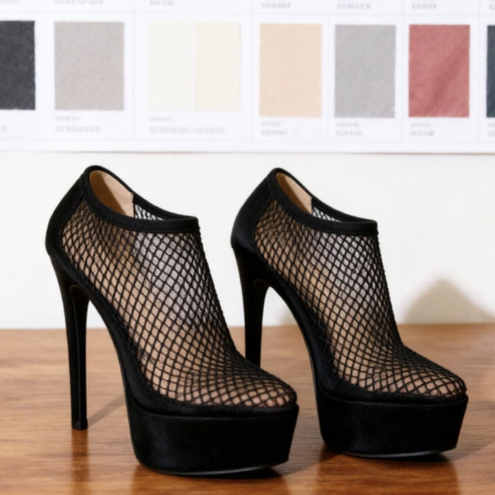 14厘米黑色绒面网纱镂空性感透气及踝靴夏天 支持定制 欧笠女鞋