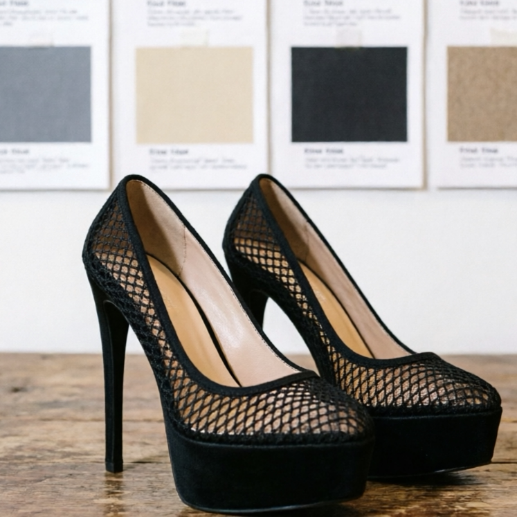 14厘米黑色绒面网纱镂空性感高跟鞋