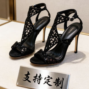 2026新款露趾鱼嘴镂空水钻一字扣带凉鞋女性感宴会黑色细跟高跟鞋