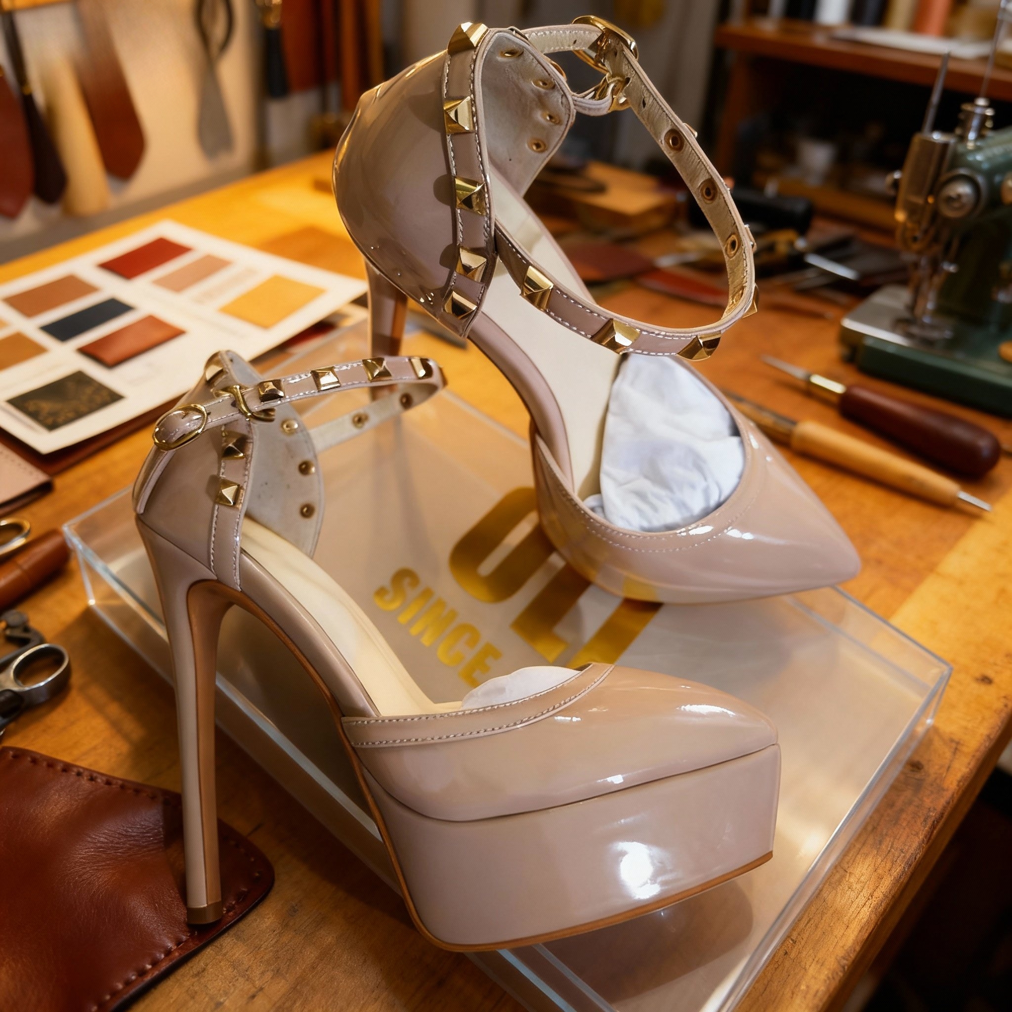 14CM防水台裸色高跟鞋铆钉复古横带尖头名媛不累脚细跟恨天高久站