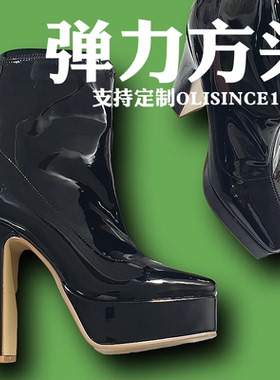 超高跟方头短靴女粗跟白色黑色马丁靴炸街瘦瘦靴中筒INS单靴漆皮