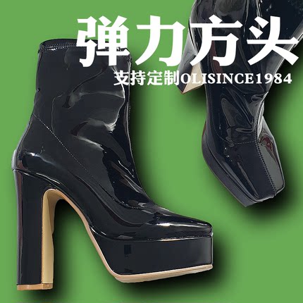 超高跟方头短靴女粗跟白色黑色马丁靴炸街瘦瘦靴中筒INS单靴漆皮