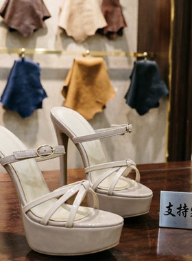 亮面漆皮凉鞋欧美风浅色系轻奢女鞋宴会模特外穿拖鞋裸色显