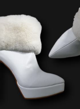秋冬13CM超高跟细跟防水台兔毛短靴牛皮尖头靴子白色加绒厚底定制
