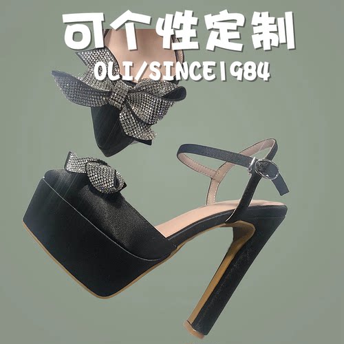 14cm粗跟凉鞋包头尖头伴娘鞋走秀