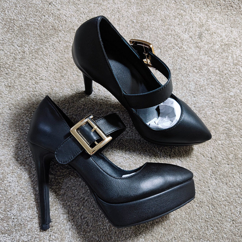 12CM防水台超高跟鞋真皮黑色厚底尖头细跟OL职场工作鞋白领单鞋女