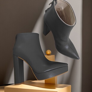 尖头短靴女高跟法式粗跟冬季加绒定制气质裸靴轻奢灰色大码小码