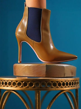 尖头高跟短靴2025新款白色黑色棕色真皮焦糖色10CM瘦瘦靴小踝靴子