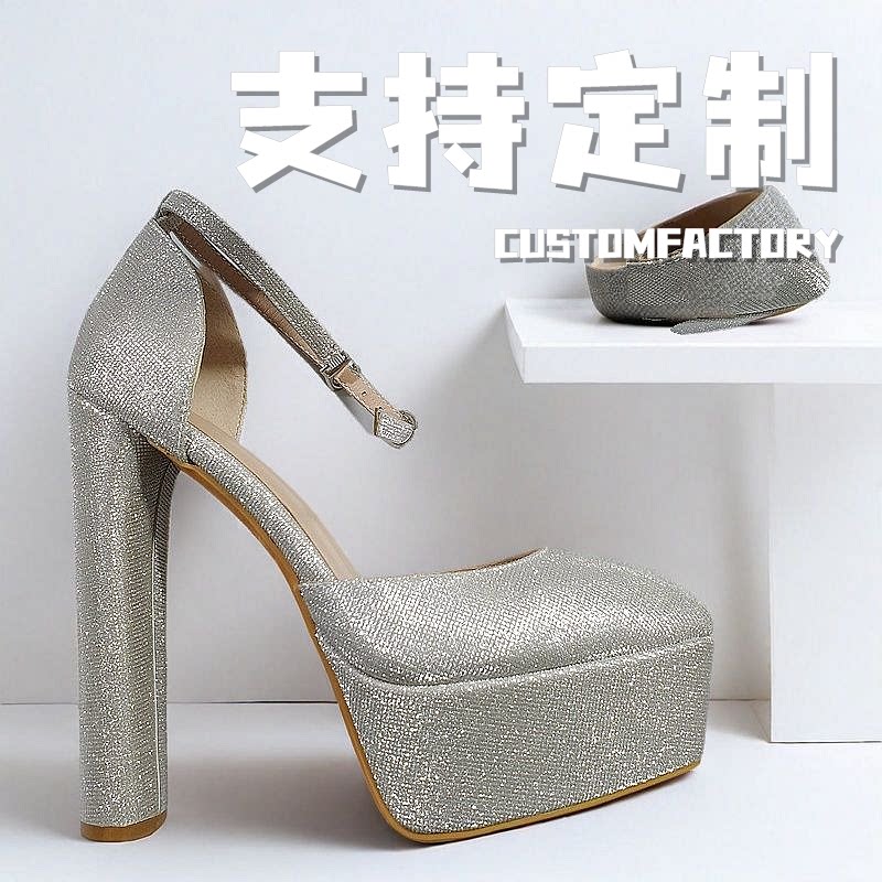 粗跟银色32码旗袍礼服走秀凉鞋图片