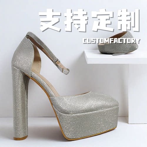 粗跟银色32码旗袍礼服走秀凉鞋