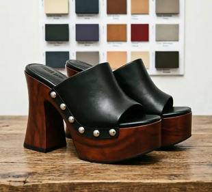 春季新品木底粗高跟露趾拖鞋女鞋