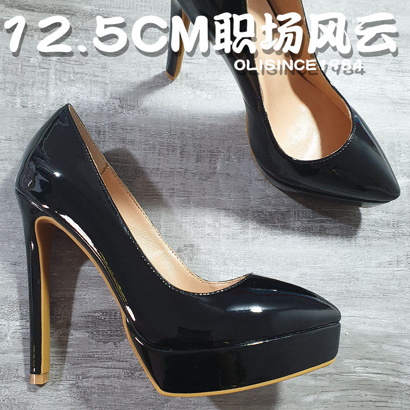 12CM春夏新款超高跟鞋细跟防水台尖头蕾丝单鞋黑色牛皮性感秋季