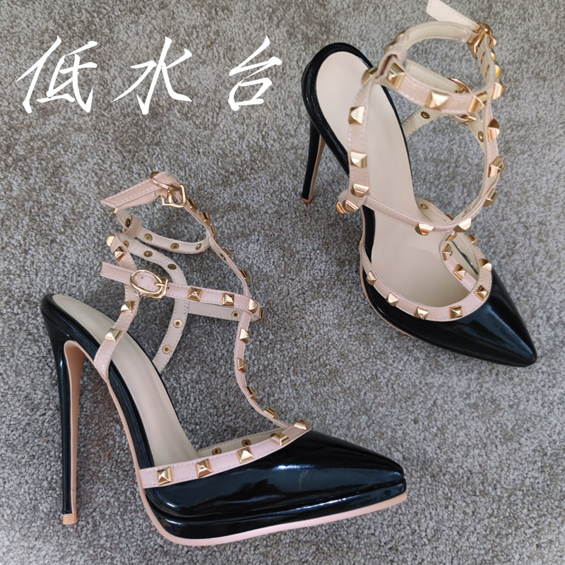 13CM撞色铆钉黑色防水台真皮凉鞋尖头低水台性感夜店DJ演出高跟鞋