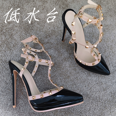 尖头细跟低水台性感瘦腿