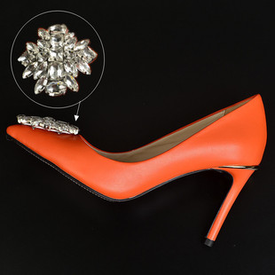 8CM 细跟桔色 尖头 高跟鞋 真皮 橘色大码社交办公室OL单鞋 秋季