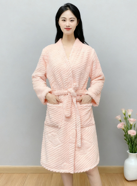 情侣款睡袍睡衣女秋冬加绒加厚珊瑚绒晨袍高级中长款浴袍家居服