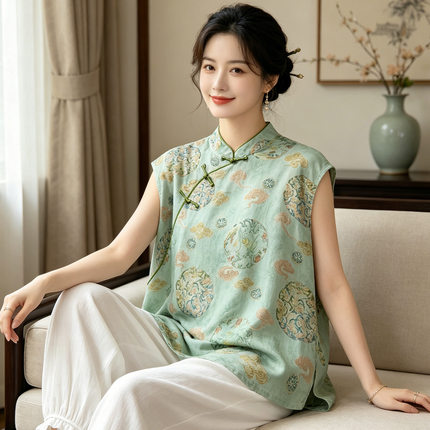 新中式棉绸上衣女夏无袖中国风宽松大码妈妈居家外穿坎肩小衬衫薄