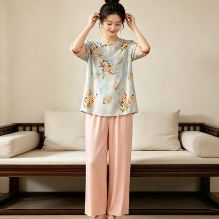 睡衣女夏季新中式国风外出七分袖长裤棉绸凉感宽松大码家居服套装