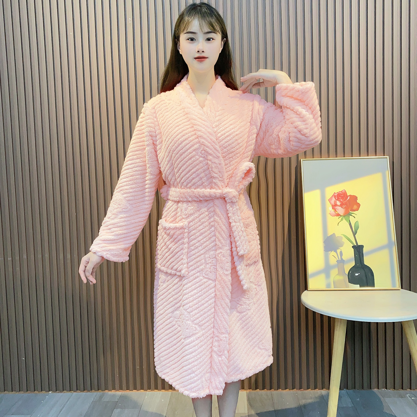 睡袍秋冬季女法兰绒中长款加厚晨袍吸水速干一片式浴袍美容院专用