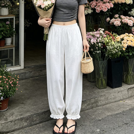 新款白色夏季棉绸裤子女百搭显高显瘦宽松带口袋花苞裤洋气休闲裤