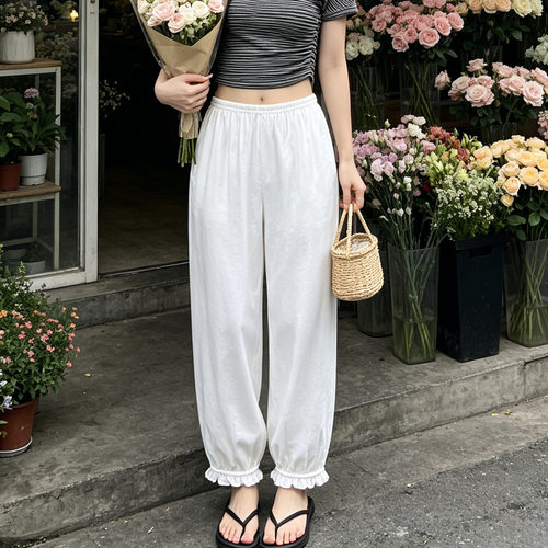 新款白色夏季棉绸裤子女百搭显高显瘦宽松带口袋花苞裤洋气休闲裤