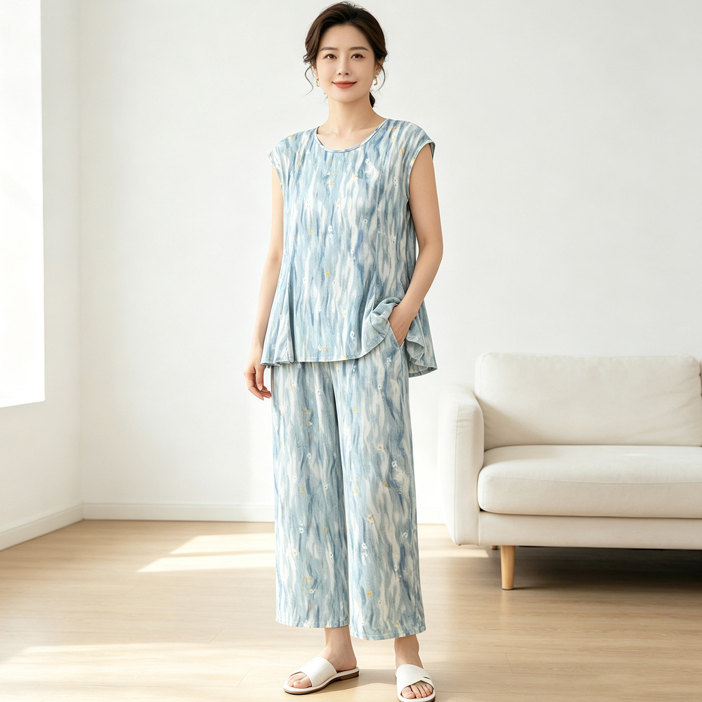 中年妈妈棉绸套装夏季无袖上衣九分阔腿裤人造棉可居家外出两件套