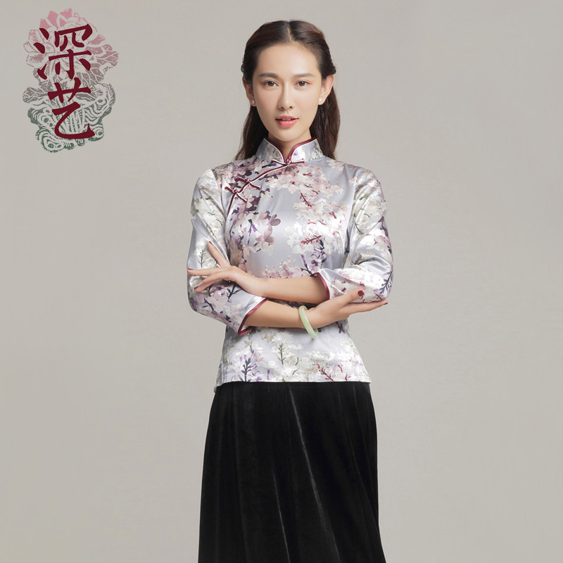 深艺春夏装唐装女士上衣长袖民族民国风桑蚕真丝旗袍上衣改良复古