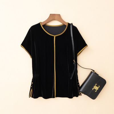 2025春季新款时尚大码女装英伦百搭显瘦圆领拼接丝绒短袖衬衫女潮