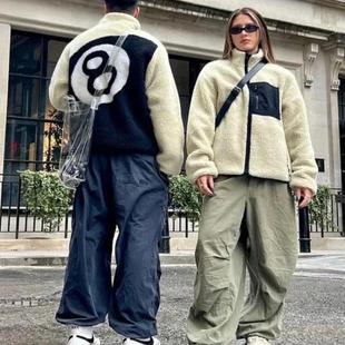 两面穿外套休闲加绒加厚立领秋冬季 羊羔拼接黑八8保暖情侣夹克男