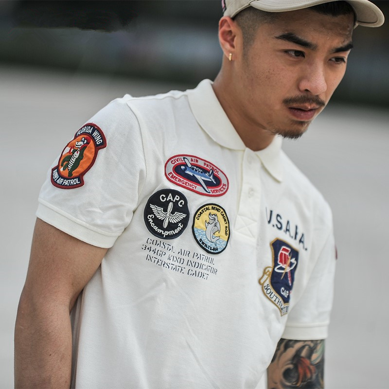 2025夏 欧美军事风复古空军一号阿美咔叽刺绣男士T恤短袖翻领蓝色