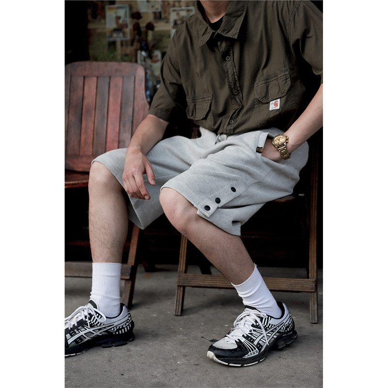 2025加厚排扣灰色运动街头纯色黑白夏季欧美高级训练大码短裤男潮
