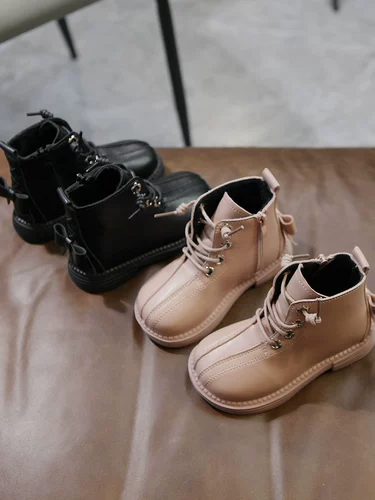 Martens, нескользящие флисовые демисезонные модные милые детские короткие сапоги с бантиком