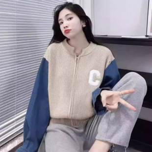 女秋冬2024新款 慵懒风毛衣开衫 牛仔拼接设计感棒球服宽松针织外套