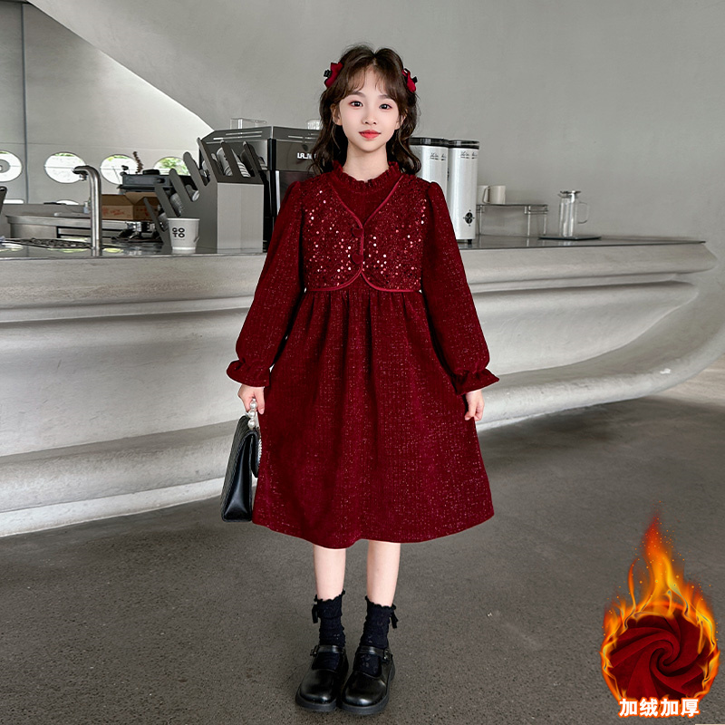 女童加绒连衣裙冬装2025新款女孩亮片红色新年拜年服公主裙中长裙