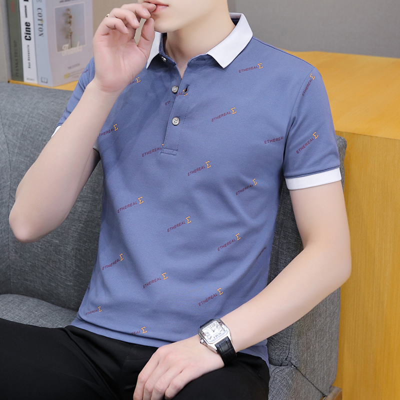男士丝光棉翻领短袖t恤男夏装纯色印花高端带领子潮牌休闲polo衫