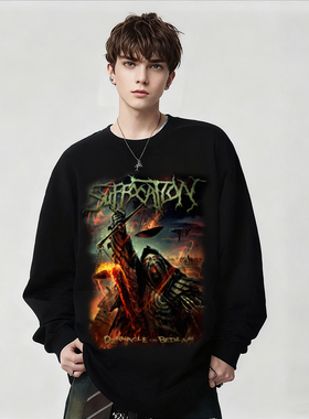 Suffocation窒息乐队摇滚风骷髅印花长袖T恤男女宽松纯棉潮牌上衣