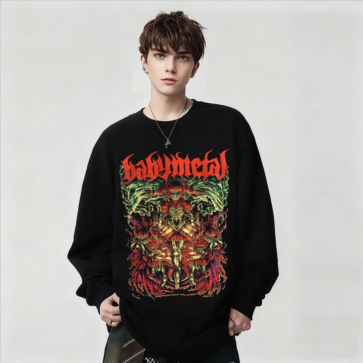 摇滚风日本Babymetal乐队印花长袖T恤男女黑色宽松纯棉上衣潮春秋