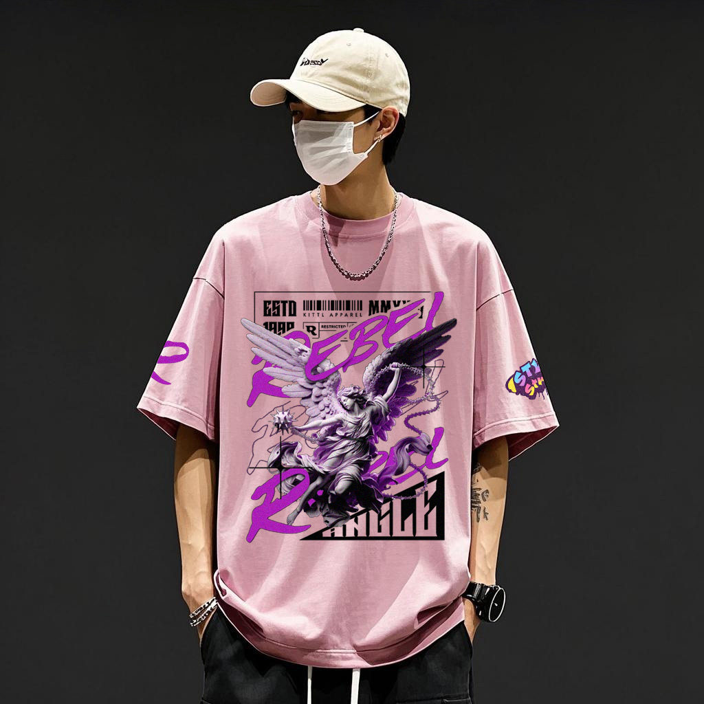 美式复古天使涂鸦印花短袖T男生
